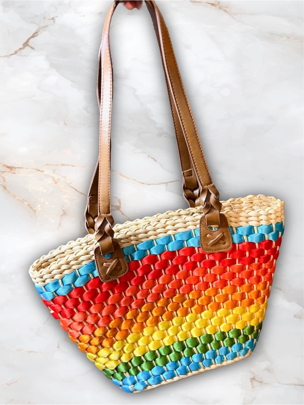 Rainbow Raw Woven Straw Tote Basket with Leather Handles - Picture 4 of 8